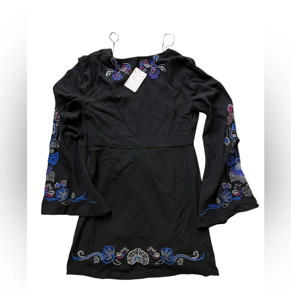 Free People Holiday Folk Dress Women's 10 Embroidered Bell Sleeve Black Boho NWT